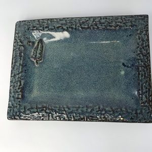 Handmade Pottery Tan & Blue Leave Serving Tray Pla